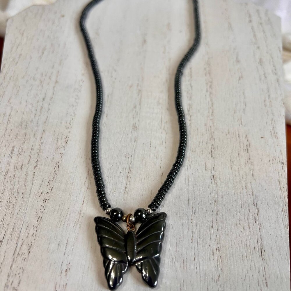 VTG Hematite Magnetite Necklace, Magnetic Jewelry Vintage Butterfly Necklace
